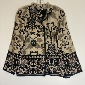 Flashback Jacket Womens Medium Black Beige Floral Tapestry Beaded Button Boho M